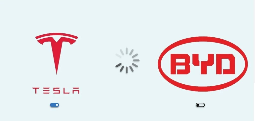tesla and BYD logos on white background