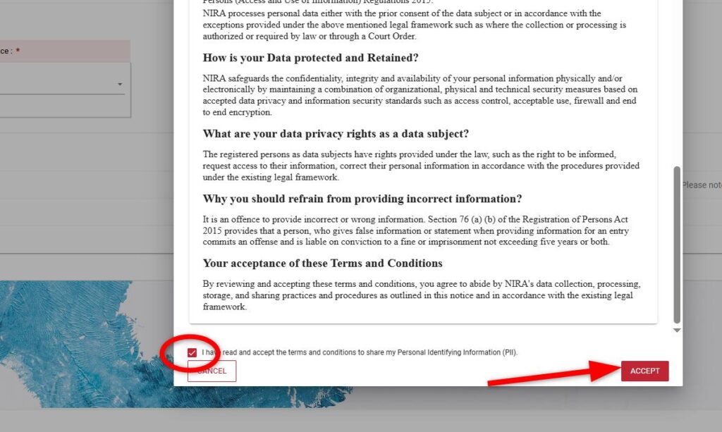 NIRA online pre-registration portal terms and conditions screenshot